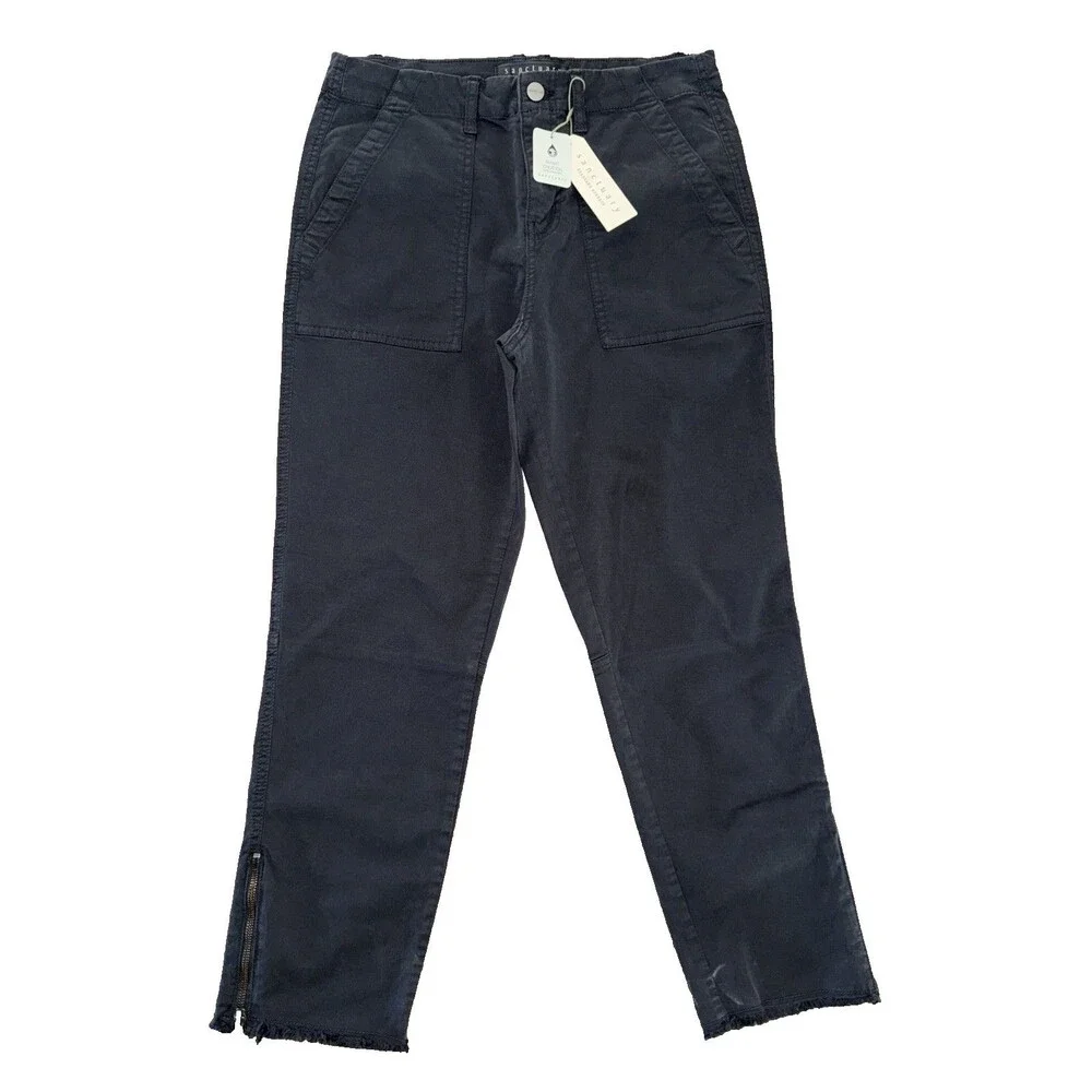 Sanctuary Black Cargo Pants Frayed Hem Zip Utility Stretch Mid Rise Ankle 28 NWT